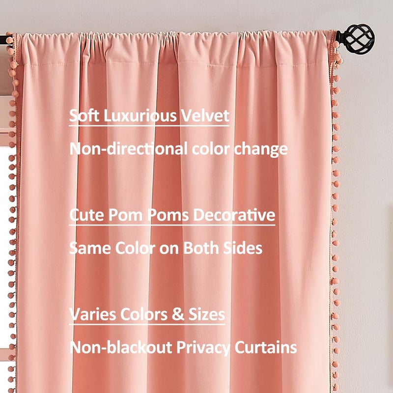 Treatmentex Velvet Blush Pink Curtains for Windows 63" Decorative Pom Pom Fringe Window Curtain Set for Girls Room Cotton Feel Soft, 1 Pair Coral - Image 2